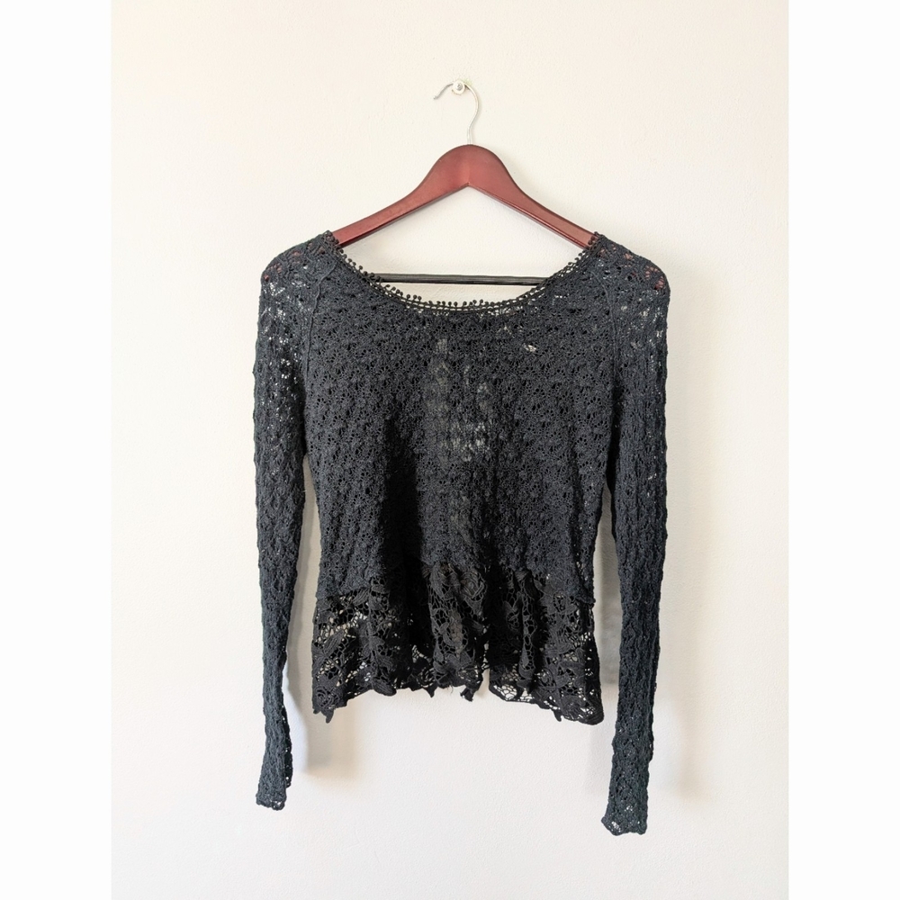 Free People Black Crochet Lace Scoop Neckline Long Sleeve Tie Back Blouse Small